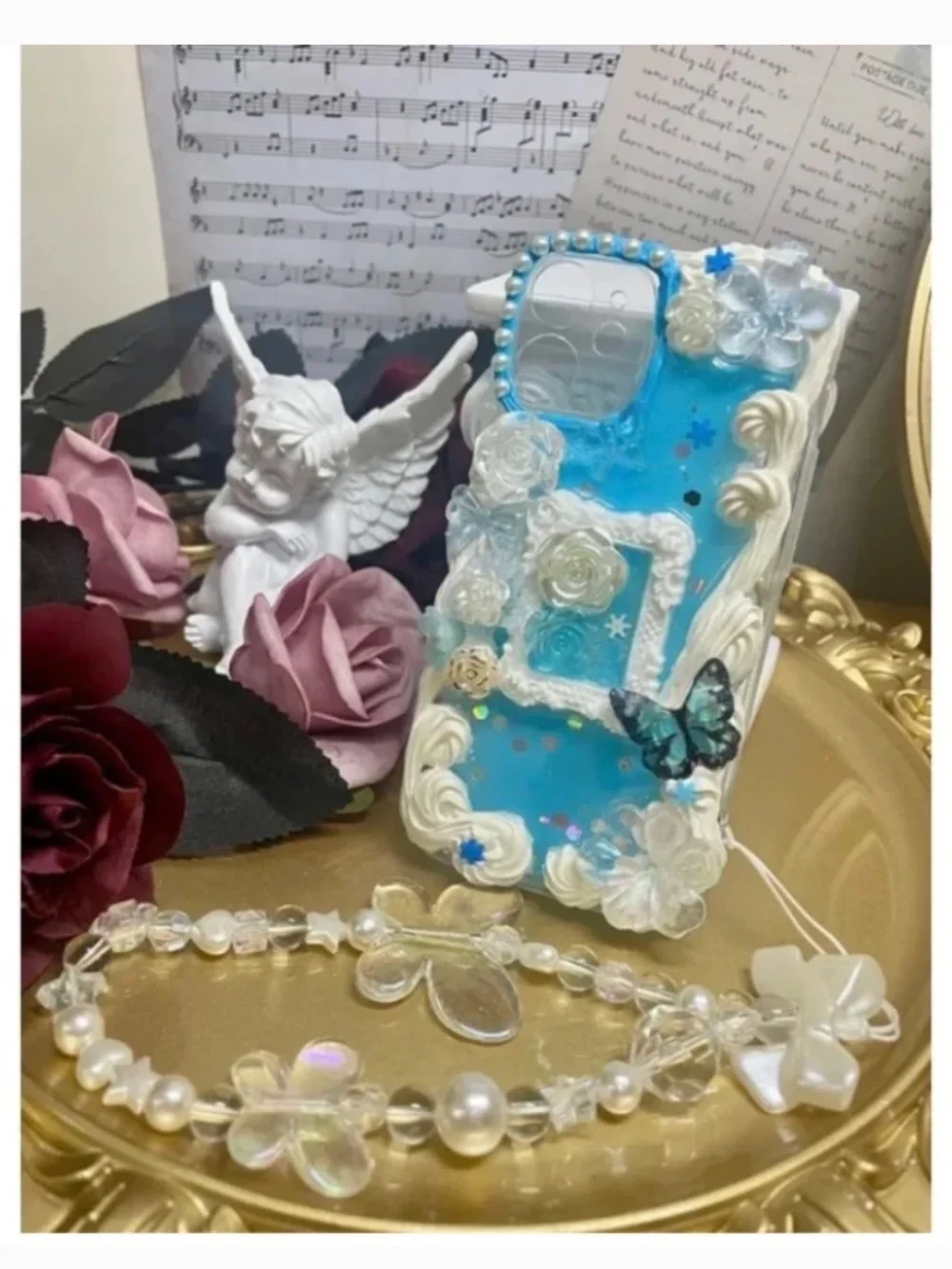 iPhone12mini Baroque Butterfly and rabbit Phone Case, Handmade